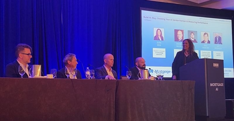Suha Beidas Zehl, CMB®, AMSP™ moderating the Build vs. Buy panel at IMN Mortgage AI