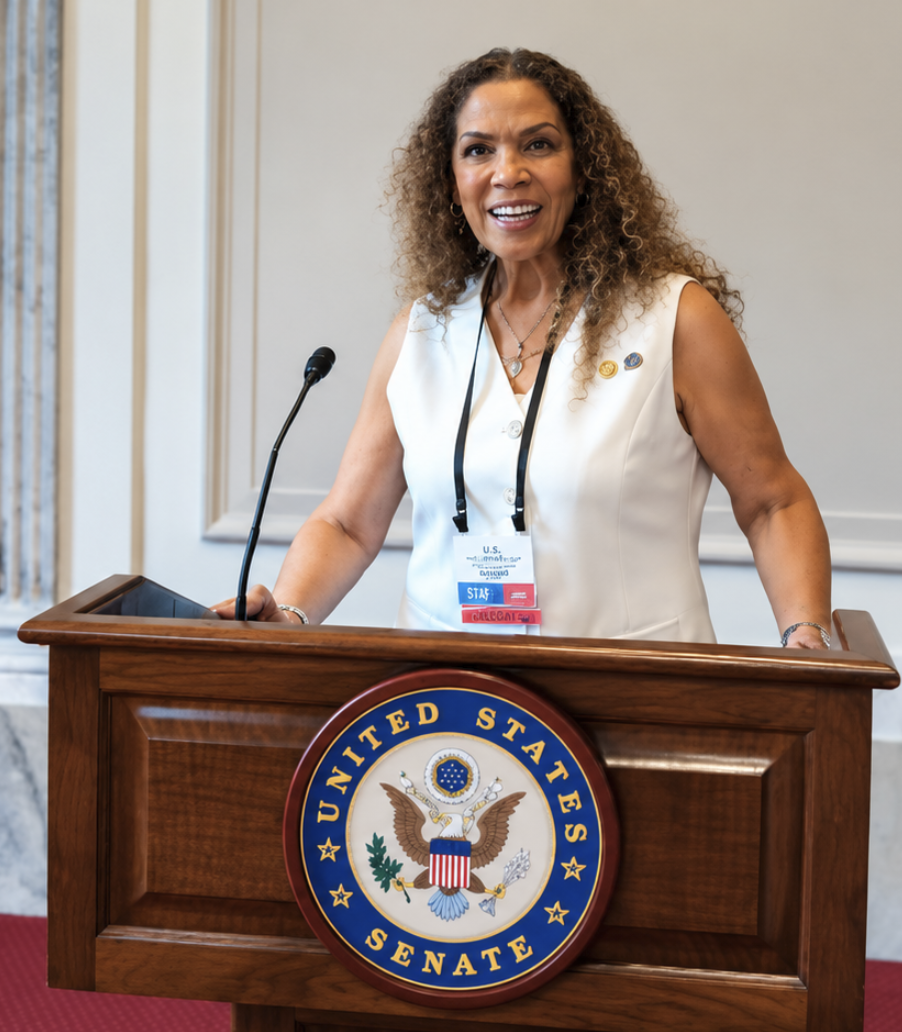 Suha Beidas Zehl, CMB®, AMSP™ speaking at a United States Senate podium