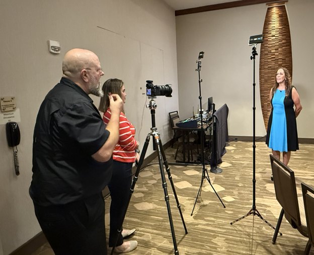 Suha Beidas Zehl recording an interview on set