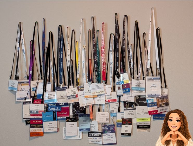 Conference badges from Suha Beidas Zehl, CMB®, AMSP™ speaking engagements