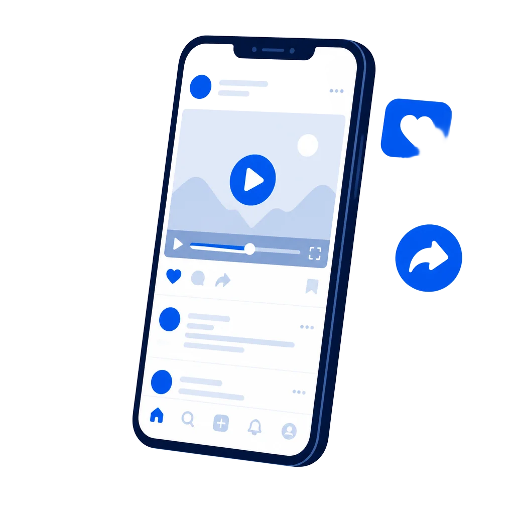 Illustration of a phone with a playing video and social engagement icons