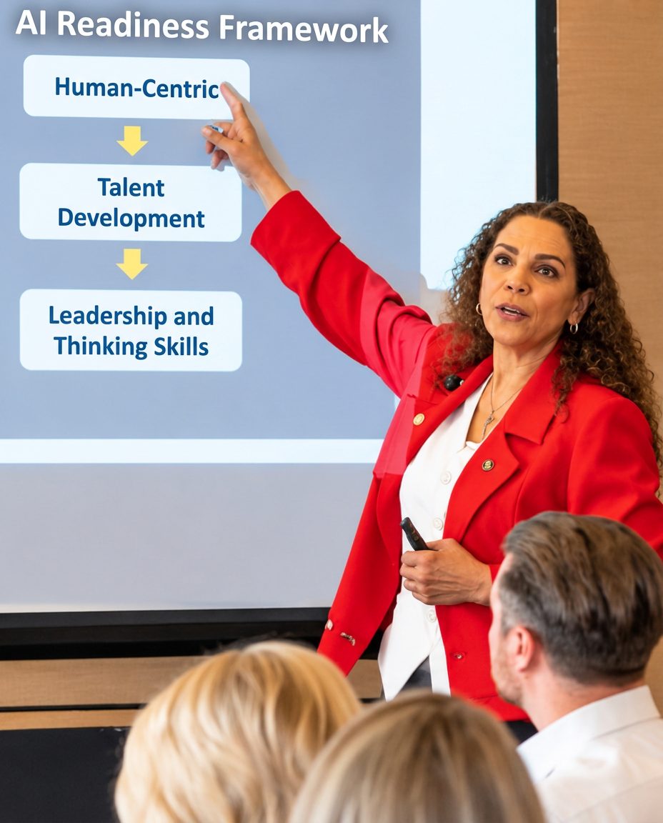 Suha Beidas Zehl, CMB®, AMSP™ presenting the AI Readiness Framework to a live audience